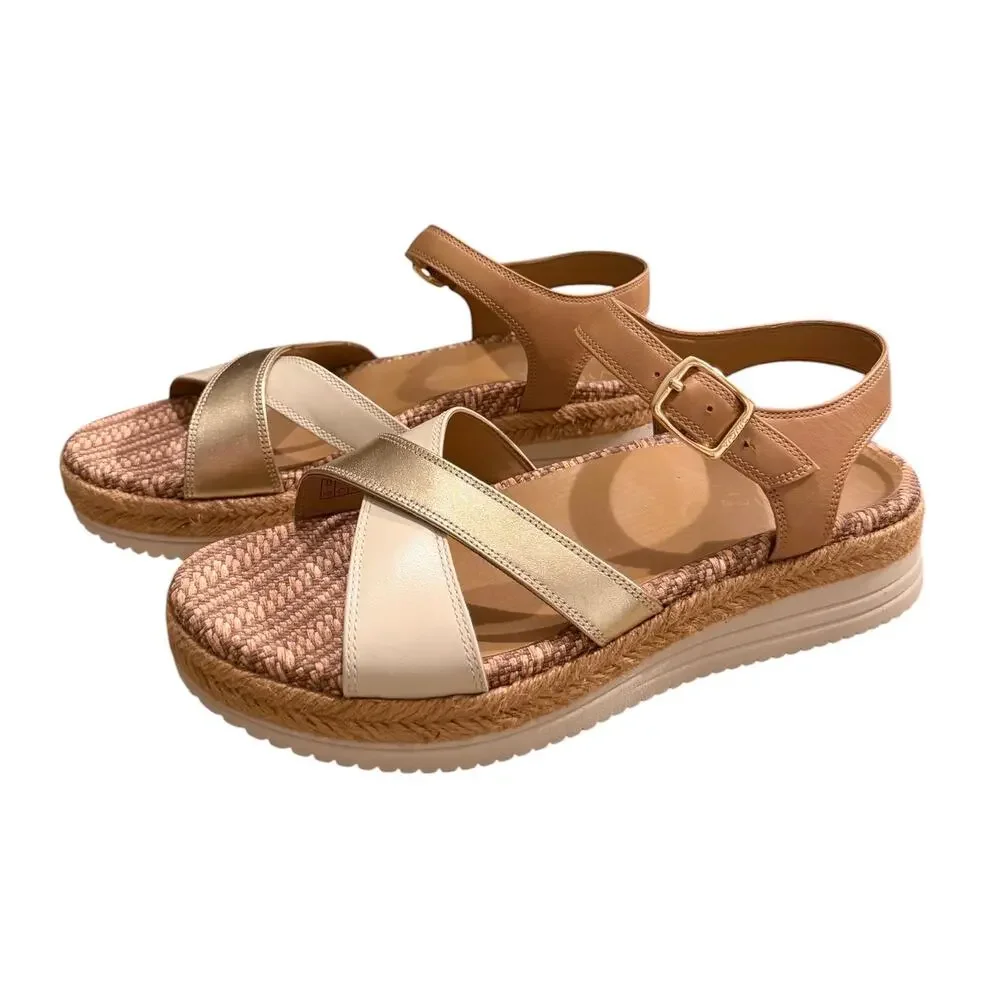 VIONIC Mar Wedge Sandal Camel Gold & Brown Leather NEW Women’s 8.5 Strappy Beach